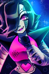 Rule 34 | 1boy, artist name, black hair, blue background, fangs, hair over one eye, hand up, happy, heart, highres, holding, looking at viewer, male focus, mettaton, mettaton ex, microphone, open mouth, pink eyes, robot, short hair, smile, solo, spacecolonie, sparkle, teeth, undertale, upper body, watermark