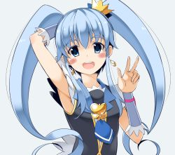 Rule 34 | 10s, 1girl, arm behind head, armpits, blue eyes, blue hair, blush, brooch, crown, cure princess, earrings, eyebrows, eyelashes, happinesscharge precure!, heart, heart brooch, jewelry, long hair, looking at viewer, magical girl, matching hair/eyes, ohta yuichi, open mouth, precure, shirayuki hime, short sleeves, sidelocks, simple background, smile, solo, standing, teeth, thick eyebrows, twintails, two side up, upper teeth only, v, very long hair, white background