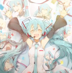 Rule 34 | 1girl, :d, ;), ^ ^, armpits, arms up, bare shoulders, black sleeves, blue eyes, blue hair, blue necktie, blush, breasts, closed eyes, closed mouth, collared shirt, comic, detached sleeves, facing viewer, glint, hands on own cheeks, hands on own face, hatsune miku, headset, highres, long hair, long sleeves, lying, medium breasts, necktie, on back, one eye closed, open mouth, photo (object), profile, saihate (d3), shirt, smile, solo, spread fingers, twintails, upper body, vocaloid, white shirt, wing collar