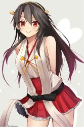 Rule 34 | 10s, 1girl, arms behind back, bad id, bad twitter id, bare shoulders, black hair, contrapposto, cowboy shot, haruna (kancolle), heart, kantai collection, long hair, looking at viewer, nontraditional miko, red eyes, skirt, smile, solo, standing, twitter username, yukihama