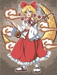 Rule 34 | 1girl, aksawshin, bow, bow (music), embodiment of scarlet devil, erhu, geta, green eyes, hair bow, long skirt, nontraditional miko, pom pom (clothes), red bow, red nails, red skirt, satsuki rin, shirt, skirt, smile, solo, tabi, touhou, white shirt, wide sleeves