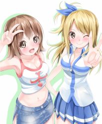 Rule 34 | 00s, 2girls, amagami rukichi, bad id, bad pixiv id, blonde hair, blush, breasts, brown eyes, brown hair, cleavage, creator connection, crossover, denim, denim skirt, elie, fairy tail, long hair, looking at viewer, lucy heartfilia, midriff, miniskirt, multiple girls, navel, one eye closed, pencil skirt, rave, short hair, side ponytail, simple background, skirt, smile, tank top, v