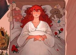 Rule 34 | 1girl, bed, collarbone, flower, from above, gundam, gundam suisei no majo, highres, hospital bed, hospital gown, intravenous drip, jewelry, long sleeves, milfcookiesimp, parted lips, red flower, red hair, red rose, ring, rose, sleeping, solo, stuffed animal, stuffed rabbit, stuffed sheep, stuffed toy, suletta mercury, sunflower, teddy bear, thick eyebrows, wedding ring
