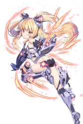 Rule 34 | 1girl, aqua sclera, ass, blonde hair, clenched hand, colored sclera, cyborg, full body, hair ornament, highres, mechanical arms, midriff, official art, red eyes, running, single mechanical arm, soccer spirits, solo, transparent background, twintails, z088 beta