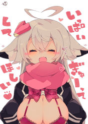 Rule 34 | 1girl, :d, ^ ^, ahoge, animal ear fluff, animal ears, bad id, bad pixiv id, black jacket, blush, blush stickers, bow, bow bra, bra, breasts, cleavage, closed eyes, clothes lift, commentary request, facing viewer, fang, grey hair, hair between eyes, hair ornament, heart, heart ahoge, highres, jacket, lace, lace-trimmed bra, lace trim, large breasts, long hair, muuran, open clothes, open jacket, open mouth, original, pink bra, pink scarf, scarf, shirt, shirt lift, simple background, smile, solo, translation request, underwear, very long hair, white background, white shirt
