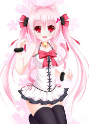 Rule 34 | 1girl, :d, animal ears, bad id, bad pixiv id, bell, black thighhighs, cat ears, cat tail, collar, fang, hair ornament, hairclip, highres, kneeling, musical note, musical note hair ornament, neck bell, open mouth, original, paw pose, pink eyes, pink hair, quaver, shocchan (sanymph), smile, solo, tail, thighhighs