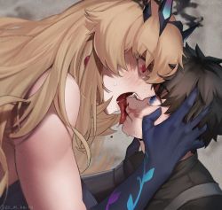 Rule 34 | 1boy, 1girl, bare shoulders, black dress, black gloves, black hair, black jacket, blank eyes, blonde hair, blood, blood on face, blue eyes, blush, breasts, dress, earrings, elbow gloves, barghest (fate), fangs, fate/grand order, fate (series), film grain, fujimaru ritsuka (male), fujimaru ritsuka (male) (polar chaldea uniform), gauntlets, gloves, horns, jacket, jewelry, kaita (mokamilkcup), large breasts, licking, licking another&#039;s face, long hair, nosebleed, open mouth, polar chaldea uniform, red eyes, short hair, single gauntlet, teeth, tongue, tongue out