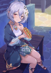 Rule 34 | 1girl, bare legs, chair, dress, flower, grey hair, highres, hot dog, kokkoro (princess connect!), looking at viewer, pointy ears, princess connect!, rasahan, sleeveless, sleeveless dress, solo, twitter