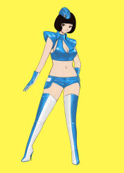 Rule 34 | 1girl, black hair, blunt bangs, bob cut, boots, breasts, brown eyes, cleavage, cleavage cutout, clothing cutout, crop top, full body, garrison cap, gloves, hand on own hip, hat, high heel boots, high heels, highres, hip focus, komii, large breasts, looking at viewer, midriff, navel, original, shoes, short hair, short shorts, shorts, simple background, smile, solo, thigh boots, thighhighs