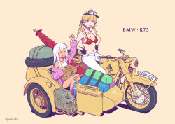 Rule 34 | 2girls, alternate costume, anchor hair ornament, arm up, bad id, bad twitter id, basket, bikini, bikini top only, bikini under clothes, black gloves, blonde hair, blush, bmw, bmw r75, bow, breasts, commentary request, denim, gloves, hair bow, hair ornament, hand on own hip, jacket, jeans, jerry can, kantai collection, long hair, long sleeves, looking at viewer, motor vehicle, motorcycle, multiple girls, nakaaki masashi, navel, official alternate costume, one-piece swimsuit, open mouth, pants, prinz eugen (kancolle), red bikini, ro-500 (kancolle), sidecar, simple background, sitting, smile, swimsuit, swimsuit under clothes, tan, tanline, twintails, umbrella, visor cap, white hair, white one-piece swimsuit