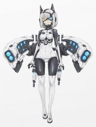 Rule 34 | 1girl, arms at sides, artificial eye, blue eyes, bodysuit, commentary request, covered navel, full body, glowing, glowing eye, hair between eyes, headgear, heterochromia, highres, mecha musume, mechanical eye, mechanical parts, original, science fiction, shiny clothes, skin tight, solo, white background, white hair, yellow eyes, yumikoyama49