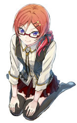 Rule 34 | 10s, 1girl, bespectacled, black thighhighs, glasses, hair ornament, hairclip, kneeling, looking at viewer, love live!, love live! school idol festival, love live! school idol project, nishikino maki, open clothes, open vest, purple eyes, red hair, seiza, side ponytail, simple background, sitting, skirt, smile, solo, star (symbol), star hair ornament, suganemui, thighhighs, vest, white background