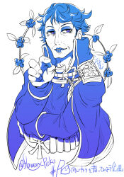Rule 34 | 1boy, bandolier, beard stubble, blue theme, blueberry, coat, commentary request, copyright name, cropped torso, emblem, epaulettes, eyelashes, eyeshadow, facial hair, flipped hair, flowery peko, food, fruit, holding, holding food, holding fruit, lips, looking at viewer, makeup, male focus, military uniform, monochrome, parted lips, poring, ragnarok online, rebellion (ragnarok online), short bangs, short hair, sideburns, simple background, smile, solo, stubble, translation request, twitter username, uniform, upper body