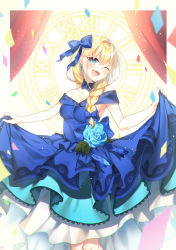 Rule 34 | 1girl, :d, absurdres, blonde hair, blue dress, blue eyes, blue flower, blue rose, bow, braid, clock, clothes lift, dress, dress lift, flower, hair bow, highres, lifted by self, looking at viewer, one eye closed, open mouth, original, roman numeral, rose, side braid, smile, takuro (taku3949)