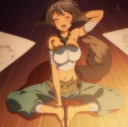 Rule 34 | 10s, 1girl, animal ears, blush, elbia hernaiman, embarrassed, closed eyes, feet, feet together, highres, jewelry, lots of jewelry, midriff, necklace, open mouth, outbreak company, screencap, tail