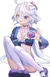 Rule 34 | 1girl, :d, absurdres, ahoge, alternate costume, blue eyes, blue shirt, cat mask, commentary, crop top, furina (genshin impact), garter straps, genshin impact, heart, heart hands, highres, long hair, long sleeves, looking at viewer, mask, mask on head, midriff, open mouth, purple footwear, reosroom, shirt, shoes, simple background, sitting, smile, solo, thighhighs, thighs, very long hair, white background, white hair, white thighhighs