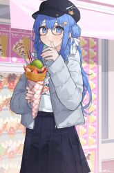Rule 34 | 1girl, absurdres, black-framed eyewear, black skirt, blue eyes, blue hair, commentary request, eating, food, food on face, food wrapper, fruit, glasses, hair bun, hair ribbon, hat, highres, hololive, hoshimachi suisei, ice cream crepe, jacket, long hair, long sleeves, looking at viewer, open clothes, open jacket, pleated skirt, ribbon, skirt, solo, strawberry, tsukino (nakajimaseiki), virtual youtuber