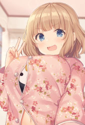 Rule 34 | 1girl, :d, blue eyes, blurry, blurry background, blush, brown hair, buttons, cardigan, depth of field, floral print, hand up, highres, indie virtual youtuber, indoors, long sleeves, looking at viewer, navel, open mouth, pink cardigan, shiratori kurumi, shiromikan, short hair, sidelocks, smile, solo, sparkle, stuffed animal, stuffed penguin, stuffed toy, sweat, upper body, v, v-shaped eyebrows, virtual youtuber