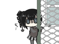 Rule 34 | 10s, 1girl, abyssal ship, anchor hair ornament, ancient destroyer oni, black hair, chain-link fence, chibi, commentary request, drill hair, female focus, fence, gloves, goma (gomasamune), grey eyes, hair ornament, hakama, hakama skirt, japanese clothes, kantai collection, kimono, meiji schoolgirl uniform, pantyhose, peeking out, pleated skirt, shaded face, side ponytail, skirt, solo, translation request, white background, wide sleeves, window