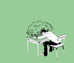 10s 1boy bad_id bad_pixiv_id chair desk green_background green_theme male_focus monochrome nature seki_toshinari simple_background sitting sleeping solo spot_color tonari_no_seki-kun tree