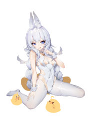Rule 34 | 1girl, :p, absurdres, animal ears, azur lane, blue eyes, blush, braid, breasts, commentary request, covered navel, fake animal ears, full body, hand on own thigh, hand up, high heels, highleg, highleg leotard, highres, lcy bingzi, le malin (azur lane), le malin (listless lapin) (azur lane), leotard, long hair, looking at viewer, manjuu (azur lane), official alternate costume, pantyhose, playboy bunny, rabbit ears, saliva, saliva trail, silver hair, simple background, sitting, small breasts, solo, thigh strap, tongue, tongue out, twin braids, v, very long hair, wariza, white background, white footwear, white leotard, white pantyhose, wrist cuffs