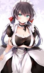 Rule 34 | 1girl, apron, aqua eyes, arm under breasts, azur lane, bad id, bad pixiv id, bare shoulders, black hair, blush, bow, breast hold, breasts, choker, cleavage, commentary request, dress, floral background, frown, glasgow (azur lane), gradient background, hair bow, highres, large breasts, long hair, looking at viewer, low twintails, maid, maid apron, maid headdress, multicolored background, neofreet, open mouth, red bow, shiny skin, sleeveless, solo, twintails, wrist cuffs