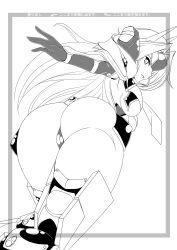 Rule 34 | 1girl, ass, bent over, blazblue, breasts, from behind, highres, huge ass, legs, long hair, looking at viewer, looking back, medium breasts, monochrome, mu-12, sideboob, solo, thick thighs, thighs