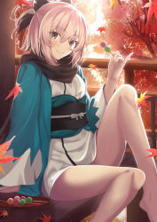 Rule 34 | 1girl, ahoge, autumn, autumn leaves, bare legs, barefoot, black bow, black scarf, blonde hair, blush, bow, closed mouth, commentary request, dango, fate/grand order, fate (series), feet out of frame, food, green eyes, hair between eyes, hair bow, half updo, haori, highres, holding, holding food, japanese clothes, kimono, koha-ace, leaf, looking at viewer, neko daruma, obi, okita souji (fate), okita souji (koha-ace), open clothes, pinky out, ponytail, sash, scarf, shinsengumi, short hair, short kimono, short ponytail, sidelocks, sitting, smile, solo, thighs, tree, wagashi, white kimono, wide sleeves