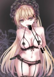 Rule 34 | 1girl, absurdres, blonde hair, blush, breasts, earrings, girls&#039; frontline, highres, holding, holding riding crop, jewelry, lingerie, looking at viewer, martinreaction, medium breasts, navel, ppk (girls&#039; frontline), riding crop, smile, solo, underwear, yellow eyes