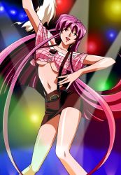 Rule 34 | 1girl, arm up, breasts, closed eyes, cropped shirt, feet out of frame, folding fan, hand fan, holding, holding fan, kimura takahiro, lipstick, long hair, makeup, mature female, miniskirt, navel, non-web source, official art, pencil skirt, photoshop (medium), pink hair, red lips, short sleeves, skirt, solo, stage lights, suspender skirt, suspenders, underboob, variable geo, very long hair, yuuki ayako