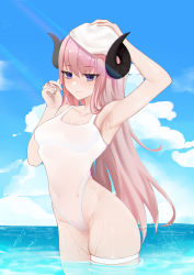 Rule 34 | 1girl, absurdres, blue eyes, blue sky, bridal garter, cloud, commentary request, covered navel, cowboy shot, day, gengetsu aya, highres, horizon, horns, long hair, ocean, one-piece swimsuit, original, outdoors, pink hair, sky, soaking feet, solo, standing, swimsuit, wading, water, wet, wet clothes, white headwear, white one-piece swimsuit