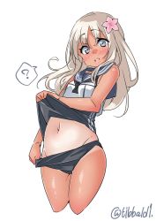 Rule 34 | 10s, 1girl, ?, bad id, bad twitter id, blonde hair, blue eyes, blush, clothes lift, cowboy shot, crop top, cropped legs, ebifurya, flower, groin, hair flower, hair ornament, highres, inactive account, kantai collection, lifting own clothes, long hair, looking at viewer, navel, nontraditional school swimsuit, one-piece tan, open mouth, ro-500 (kancolle), sailor collar, school swimsuit, simple background, solo, spoken question mark, stomach, swimsuit, swimsuit lift, swimsuit under clothes, tan, tanline, thighs, twitter username, white background
