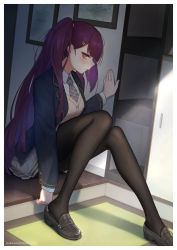Rule 34 | +) (liu997139467), 1girl, alternate costume, artist name, beige sweater vest, black footwear, black jacket, black pantyhose, blazer, blunt bangs, blush, border, bright pupils, brown sweater vest, closed mouth, collared shirt, commentary, dress shirt, dutch angle, eyelashes, full body, girls&#039; frontline, hair ornament, hairclip, hand on wall, highres, indoors, jacket, knees together feet apart, knees up, layered sleeves, legs, light rays, loafers, long hair, long sleeves, looking at viewer, miniskirt, necktie, on floor, open clothes, open door, open jacket, pantyhose, picture frame, plaid necktie, plaid neckwear, pleated skirt, profile, purple hair, putting on shoes, red eyes, rug, school uniform, shadow, shelf, shirt, shoes, side ponytail, sideways glance, sitting, skirt, solo, straight hair, sunlight, sweater vest, very long hair, wa2000 (girls&#039; frontline), watermark, white border, white shirt, white skirt, wing collar