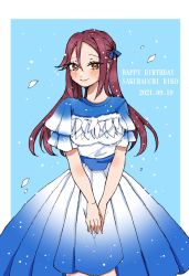 Rule 34 | 1girl, artist name, artist request, blue bow, blue dress, blue skirt, blush, bow, breasts, brown eyes, dreamy color, dreamy color (love live!), dress, feather dress, feathers, female focus, hair between eyes, hair bow, half updo, highres, layered skirt, long hair, looking at viewer, love live!, love live! school idol festival, love live! sunshine!!, miniskirt, parted lips, plaid, plaid dress, plaid skirt, pleated, pleated dress, pleated skirt, red hair, sakurauchi riko, short sleeves, skirt, small breasts, smile, solo, white dress, white feathers, white skirt, yellow eyes