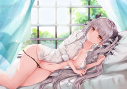 Rule 34 | 1girl, arm under breasts, azur lane, black panties, black thighhighs, blunt bangs, breasts, cleavage, commentary request, day, formidable (azur lane), grey hair, hair ornament, highres, indoors, lingerie, long hair, long sleeves, looking at viewer, lying, medium breasts, mutang, navel, no bra, on side, open clothes, open shirt, panties, panty pull, red eyes, shirt, single thighhigh, sleeves rolled up, solo, thighhighs, thighs, twintails, underwear, white shirt, window