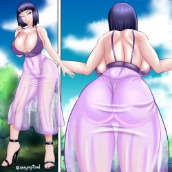 Rule 34 | 1girl, absurdres, alternate costume, ass, assymptoad, back, backboob, bare back, bare shoulders, black hair, bob cut, boruto: naruto next generations, breasts, butt crack, cleavage, dress, from behind, high heels, highres, huge ass, huge breasts, hyuuga hinata, large breasts, purple eyes, lips, lipstick, long dress, looking at viewer, makeup, mature female, multiple views, naruto (series), pupiless eyes, purple eyes, see-through, see-through dress, short hair, sideboob, simple background, thick thighs, thighs, thong, wide hips