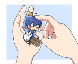 Rule 34 | 1boy, bandaged fingers, bandages, blue background, blue hair, blue scarf, blue shirt, blush, brown pants, closed eyes, coat, commentary, headpat, highres, kaito (vocaloid), mini person, miniboy, nokuhashi, open mouth, pants, pov, pov hands, scarf, scratching head, shirt, sitting, smile, twitter username, vocaloid, white coat