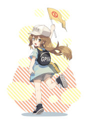 Rule 34 | 10s, 1girl, :d, arm up, backpack, bag, black footwear, blue shirt, brown eyes, brown hair, brown shorts, character name, flag, flat cap, floating hair, from behind, full body, hair between eyes, hat, hataraku saibou, highres, holding, holding flag, laces, leg up, long hair, looking at viewer, looking back, open mouth, outstretched arm, platelet (hataraku saibou), sh (shinh), shirt, shoes, short sleeves, shorts, shoulder bag, smile, solo, standing, standing on one leg, teeth, upper teeth only, white background, white hat