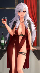 Rule 34 | 1girl, alcohol, algerie (azur lane), azur lane, bare shoulders, black cape, blush, breasts, cape, center opening, cleavage, collarbone, cup, dress, drill hair, drinking glass, highres, jewelry, large breasts, long hair, looking at viewer, necklace, purple eyes, red dress, sidelocks, silver hair, smile, thighs, wine, wine glass, zaphn