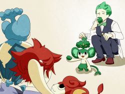 Rule 34 | 10s, 3boys, blue hair, bow, bowtie, brothers, chili (pokemon), cilan (pokemon), creature as food, creatures (company), cress (pokemon), eating, game freak, gen 5 pokemon, green hair, grinning cheshire cat, gym leader, male focus, multiple boys, nintendo, on head, panpour, pansage, pansear, pokemon, pokemon (creature), pokemon bw, pokemon on head, red hair, siblings, traditional bowtie