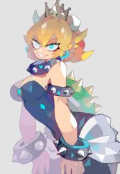 Rule 34 | 1girl, amakusa (hidorozoa), black dress, blonde hair, blue eyes, bowsette, bracelet, breasts, claws, collar, crown, dress, drooling, earrings, grey background, highres, horns, jewelry, large breasts, looking at viewer, mario (series), new super mario bros. u deluxe, nintendo, ponytail, saliva, sharp teeth, simple background, smile, solo, spiked bracelet, spiked collar, spikes, standing, super crown, teeth