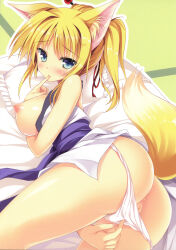 Rule 34 | 10s, 1girl, absurdres, animal ears, anus, ass, bar censor, blonde hair, blue eyes, blush, breasts, censored, dog days, finger in own mouth, fox ears, fox tail, futon, highres, large breasts, nipples, panties, panty pull, tail, tatami, tateha (marvelous grace), uncensored, underwear, white panties, yukikaze panettone