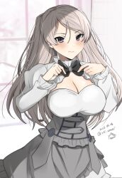 Rule 34 | 1girl, adjusting clothes, adjusting necktie, armpit cutout, black ribbon, blush, breasts, brown eyes, cleavage, cleavage cutout, clothing cutout, conte di cavour (kancolle), corset, dated, dress, frilled dress, frills, grey dress, grey hair, highres, kantai collection, large breasts, layered dress, long hair, long sleeves, looking at viewer, neck ribbon, necktie, ribbon, smile, solo, toriniku senshi chikinman, twitter username, two-tone dress, two side up, white background, white dress, window