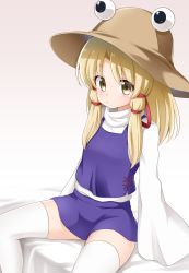 Rule 34 | 1girl, :/, blonde hair, breasts, brown hat, closed mouth, commentary request, cross-laced clothes, feet out of frame, gradient background, grey background, hair ribbon, hat, highres, long hair, long sleeves, looking at viewer, moriya suwako, parted bangs, purple skirt, purple vest, pyonta, red ribbon, ribbon, sidelocks, simple background, skirt, sleeves past fingers, sleeves past wrists, small breasts, solo, suwa yasai, thighhighs, touhou, vest, white thighhighs, wide sleeves, yellow eyes