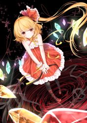 Rule 34 | 1girl, absurdres, ahoge, alternate costume, bare shoulders, black pantyhose, blonde hair, bow, dress, fang, flandre scarlet, hair bow, highres, laevatein, long hair, looking at viewer, pantyhose, red eyes, ribbon, side ponytail, smile, solo, touhou, transistor, wings, wrist cuffs, wrist ribbon