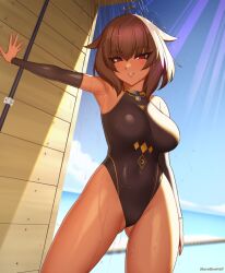 Rule 34 | 1girl, ahoge, arm at side, armpits, bead bracelet, beads, black choker, black one-piece swimsuit, blue sky, bracelet, brown hair, choker, collarbone, commission, competition swimsuit, contrapposto, dark-skinned female, dark skin, day, detached sleeves, gluteal fold, hair flaps, jewelry, kuroonehalf, long sleeves, looking at viewer, ocean, one-piece swimsuit, original, outdoors, outstretched arm, parted lips, red eyes, short hair, showering, sky, smile, solo, swimsuit, water, wooden wall