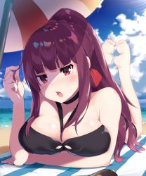 Rule 34 | 1girl, :o, bare arms, bare shoulders, barefoot, bikini, black bikini, blush, braid, breasts, bushinofuji, cloud, commentary request, day, foreshortening, girls&#039; frontline, hair ribbon, highres, large breasts, long hair, looking at viewer, lying, ocean, official alternate costume, on stomach, outdoors, ponytail, purple hair, red eyes, ribbon, soles, solo, striped towel, swimsuit, the pose, towel, umbrella, very long hair, wa2000 (girls&#039; frontline), wa2000 (op. manta ray) (girls&#039; frontline)