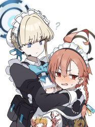 Rule 34 | 2girls, ?, ahoge, apron, arms around neck, asymmetrical bangs, averting eyes, belt pouch, black gloves, blonde hair, blue archive, blue bow, blue bowtie, blue eyes, blush, bow, bowtie, braid, bun cover, chest harness, clenched hands, closed mouth, earrings, fang, fingerless gloves, frilled apron, frills, gloves, hair bow, halo, harness, highres, hug, jacket, jewelry, juliet sleeves, long sleeves, looking at another, maid apron, maid headdress, mole, mole under eye, multiple girls, neru (blue archive), nose blush, pouch, puffy sleeves, red eyes, red hair, short eyebrows, simple background, single braid, sukajan, toki (blue archive), uni gyoza, wavy mouth, white background