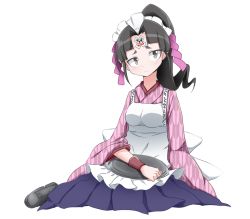 Rule 34 | 1girl, apron, black eyes, black hair, bwell, eyebrows, frown, full body, ace attorney, phoenix wright: ace attorney - dual destinies, hair intakes, hair ribbon, japanese clothes, looking at viewer, maid headdress, medium hair, ofuda, ponytail, ribbon, simple background, sitting, solo, jinxie tenma, thick eyebrows, tray, white background, wide sleeves