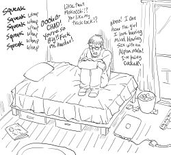 Rule 34 | 1boy, bb (baalbuddy), bed, bed sheet, box, cable, commentary, computer, curled up, curtains, electric plug, english commentary, english text, glasses, greyscale, highres, hugging own legs, inoor, laptop, male focus, meme, monochrome, netorare, on bed, original, pants, pilow, pornography, room, sitting, solo, tissue, trash can